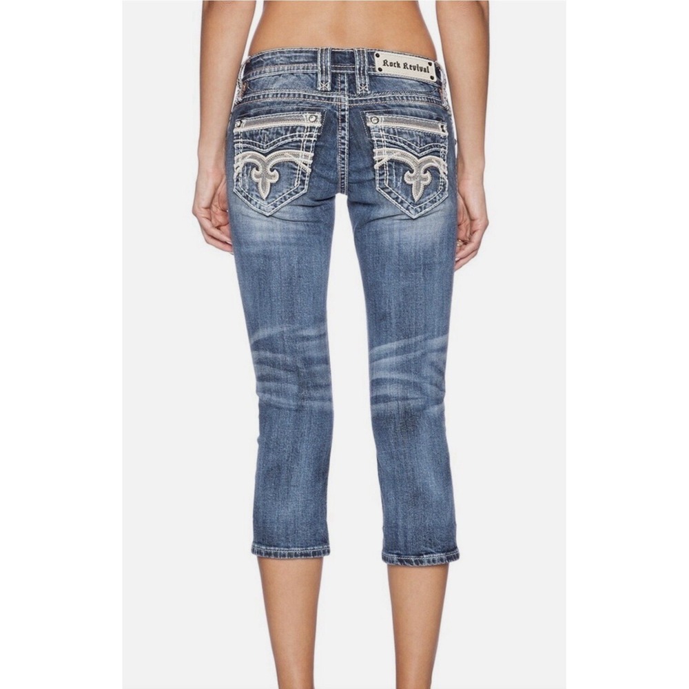ROCK REVIVAL Pilkin Capri Crop Blue Jeans Embroidered Bling Women sz 30 NWT $149